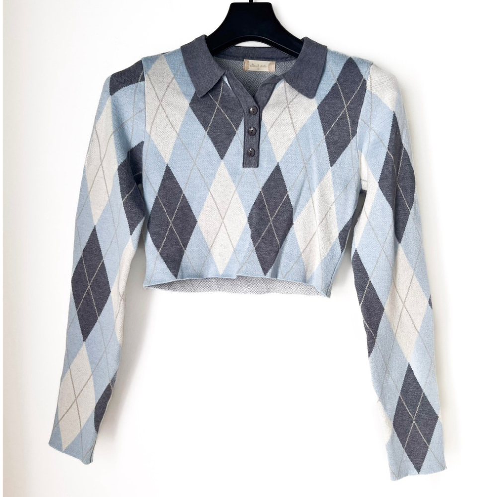 Altard State Argyle Cropped Polo Sweater Knit Top Sz M Y2K Academia Twee Preppy